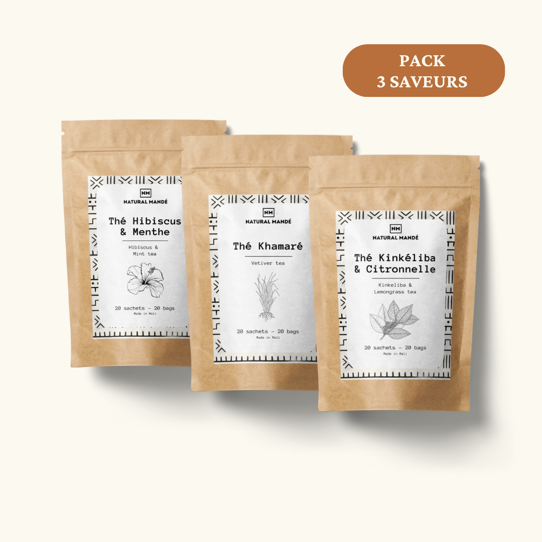 Pack 3 Saveurs I Natural Mandé I 3 Infusions 100% Naturelles - Khamaré, Kinkéliba Citronnelle et Hibiscus Menthe