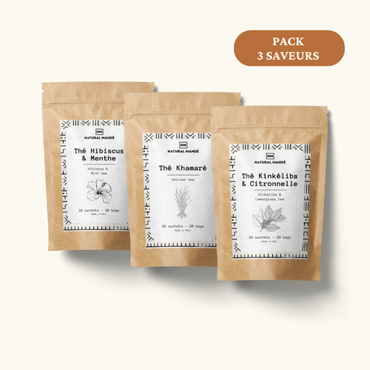 Pack 3 Saveurs I Natural Mandé I 3 Infusions 100% Naturelles - Khamaré, Kinkéliba Citronnelle et Hibiscus Menthe